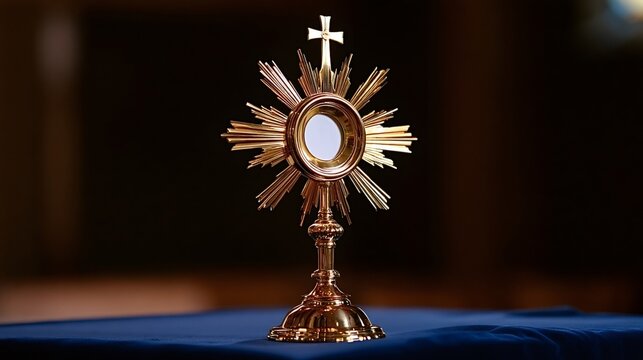 Gold monstrance with consecrated host on a blue draped altar, symbolizing catholic adoration, solemn worship, devotion to the eucharist, reverence and spiritual grace