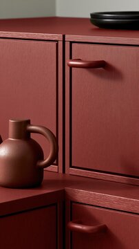 Modern Terracotta Cabinetry with Minimalist Handles and Decorative Object