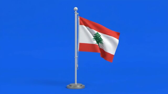 Waving national flag of Lebanon on a flagpole against a vibrant blue background, symbolizing national pride and identity.