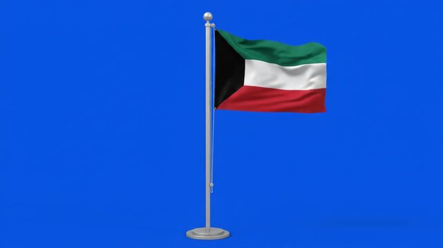 Kuwait flag waving on a flagpole against a blue screen, representing national identity and sovereignty.