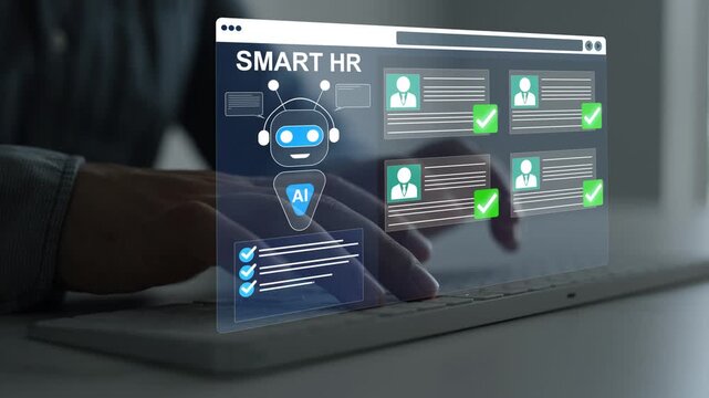 Smart HR AI technology concept featuring artificial intelligence for recruitment, talent acquisition, resume screening, candidate assessment, and workforce management. Digital human resources platform