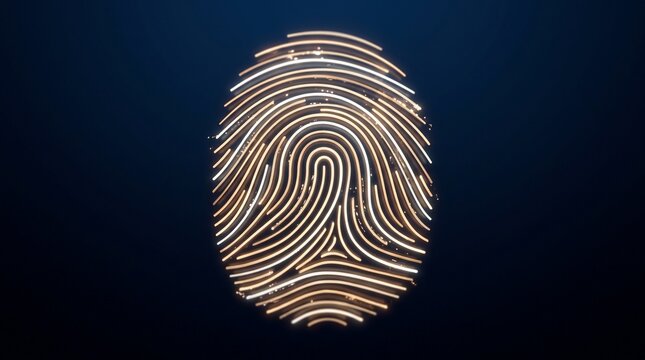 Glowing digital fingerprint scan representing biometric security, identity verification and technology innovation.