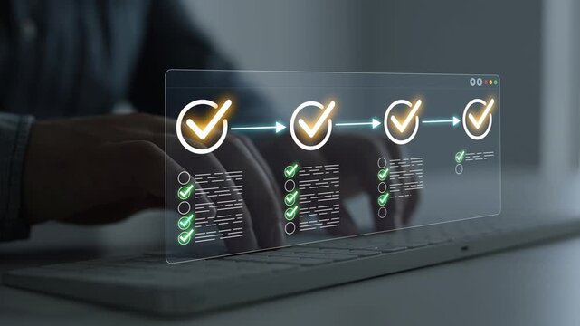 Digital task management with checkmark, workflow optimization and project planning. Corporate productivity, document review and business process automation concept.	

