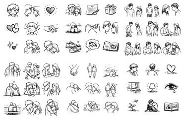 Fototapeta premium Love and relationship concept icons with couple, heart and gift for social media design in hand drawn style