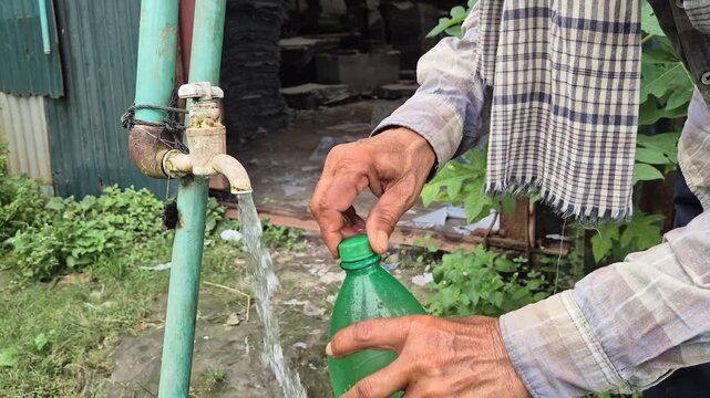 Closing Plastic Water Bottle Cap After Filling Outdoor Tap Water Supply Video