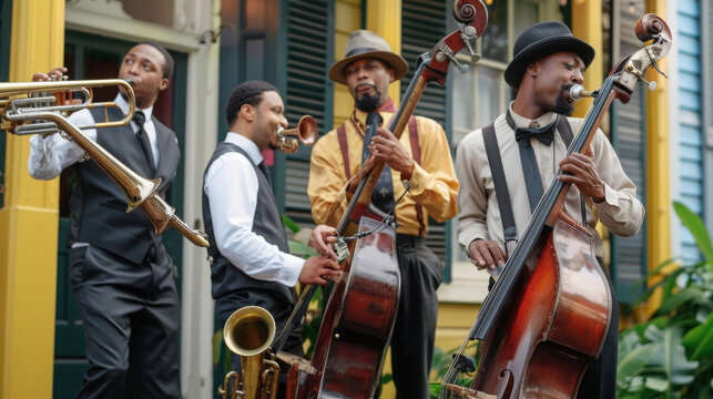 Jazz band musicians playing brass and saxophone instruments outdoors in urban setting with lively mood