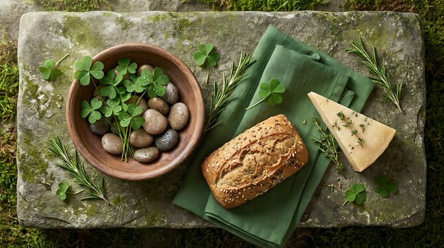 St. Patrick's Day rustic food flat lay with clover, artisan bread, and cheese on stone.