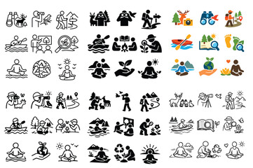 Fototapeta premium nature and ecology design icons with binoculars, hiker and tree for infographic design in minimal outline style