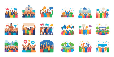 Fototapeta premium Public assembly and social action vector icons with crowd, gathering and group presence for web design in colorful illustration style