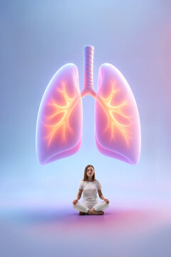 Woman meditates beneath glowing lungs for respiratory wellness. Concept of mindful breathing, lung health, stress relief, preventive care and everyday self care.