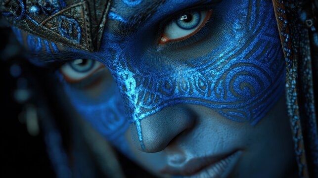 Close up view of a person with blue face art and piercing blue eyes