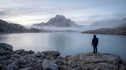 Fototapeta premium Rear view of a solitary backpacker on a fractured stone ledge facing a steel-blue alpine basin, while low dawn cloud separates jagged summits from the quiet water beneath a pale overcast sky