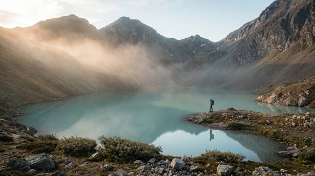 Tiny lone trekker standing on a rugged peninsula beside a turquoise cirque lake, framed by steep alpine walls as slanting sunrise rays illuminate suspended vapour and its delicate reflection