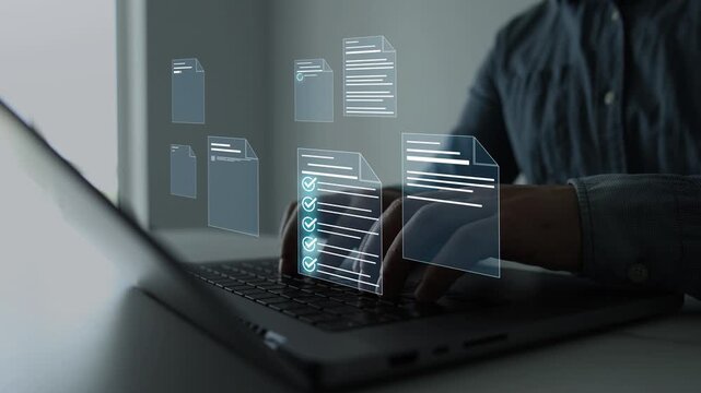 Business person in computer doing online data documentation checklist survey. Fast checklist,clipboard task business management.Productivity checklist and filling survey form online.	
