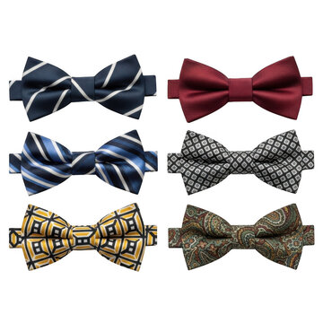 Set of six colorful bow ties with different patterns for men fashion isolated on transparent background