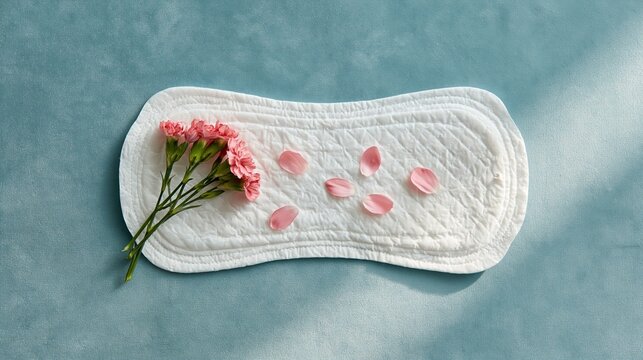 Pink carnations with sanitary pad on blue background