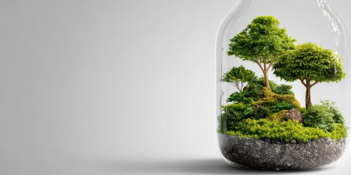 Miniature forest inside a glass container showcasing nature and sustainable ecosystem