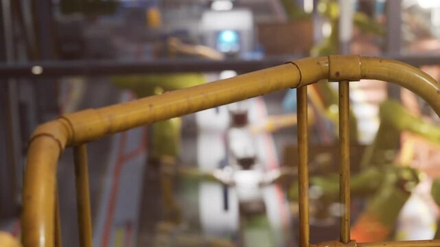 A close view of a yellow railing in a workspace. Different tools and machines are seen in the background. It is likely a busy area with various ongoing tasks.