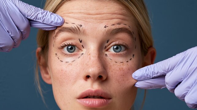 Cosmetic surgeon marking face for eyelid surgery consultation