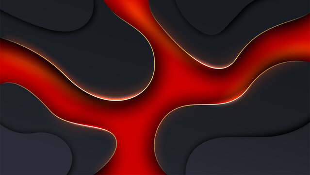 Abstract Red and Dark Wavy Background with Golden Lines, Vector Illustration