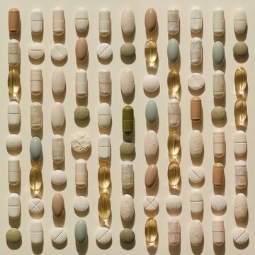 Grid of capsules and tablets in muted tones, featuring a matte and powdery texture on a cream background for wellness and medical patterns