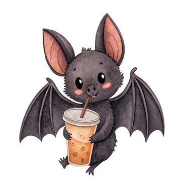 Cute watercolor illustration of a playful black bat drinking bubble tea isolated