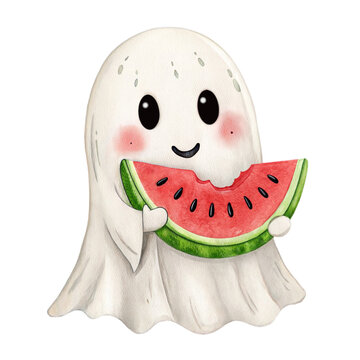 Cute watercolor illustration of a friendly ghost eating a watermelon slice isolated