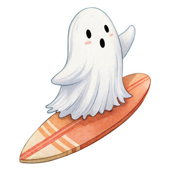 Cute watercolor illustration of a friendly ghost surfing on a surfboard isolated