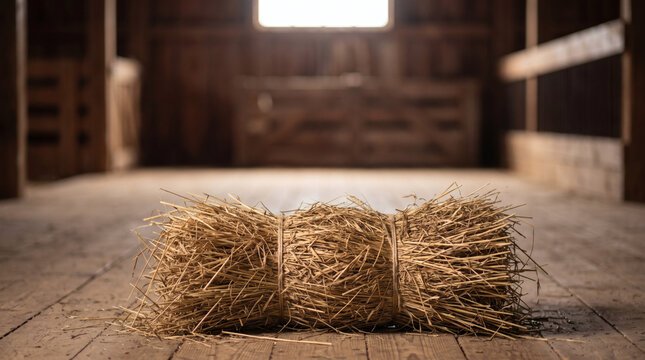 Single tied hay bale on a rustic wooden barn floor