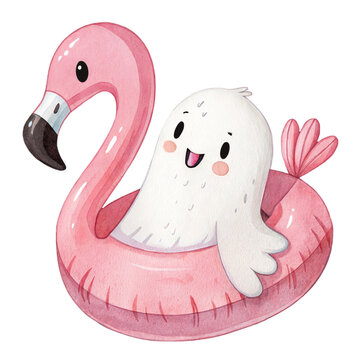 Cute watercolor illustration of a friendly ghost floating in a pink flamingo pool float isolated