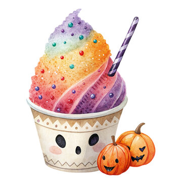 Cute watercolor illustration of a colorful dessert in a skull cup with pumpkins isolated