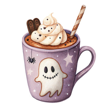 Cute watercolor illustration of a cozy purple mug with hot chocolate and a ghost isolated