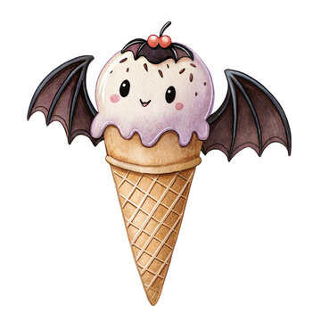 Cute watercolor illustration of a funny bat ice cream cone isolated