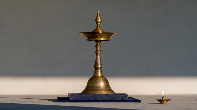 Giant jhumka earring as a monumental sculpture, featuring polished hammered metal and detailed granulation on a stone base with copy space for jewelry retail
