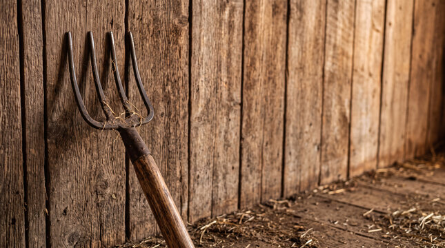 Rustic pitchfork leaning against a weathered wooden barn wall