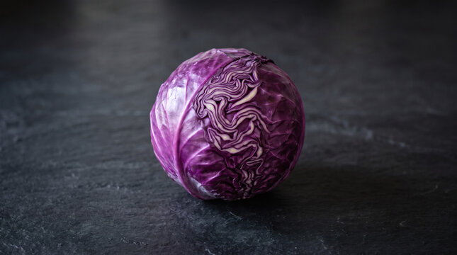 Whole red cabbage on dark stone surface