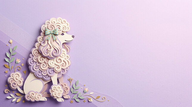 Poodle Silhouette with Curly Fur and Bow, Paper-Cut Copy Space Background プードルと蝶リボンのペーパークラフト風イラスト、ペット向けコピースペース背景
