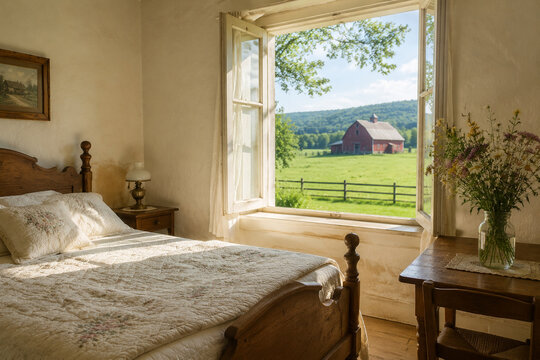 Rural farmhouse bedroom with wooden bed, white quilt, wildflowers, and red barn through open window