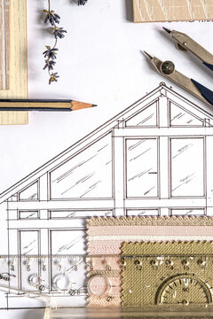 Residential house blueprint with floor plans, landscape design, color swatches and material samples, concept of sustainable architecture, home renovation and construction planning.