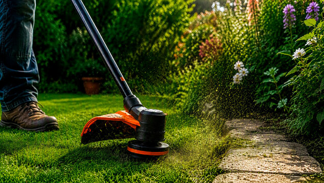 Man trimming grass with string trimmer in summer garden. Closeup of lawn care worker cutting green grass near stone path with flowers. Gardening and yard maintenance tool concept.