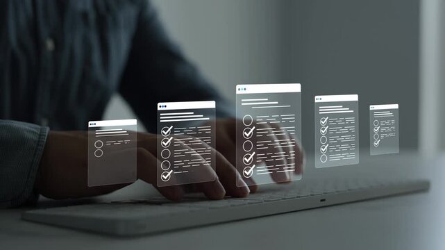 Business person in computer doing online data documentation checklist survey. Productivity document check approval and filling survey form online.Fast checklist,clipboard task business management.	
