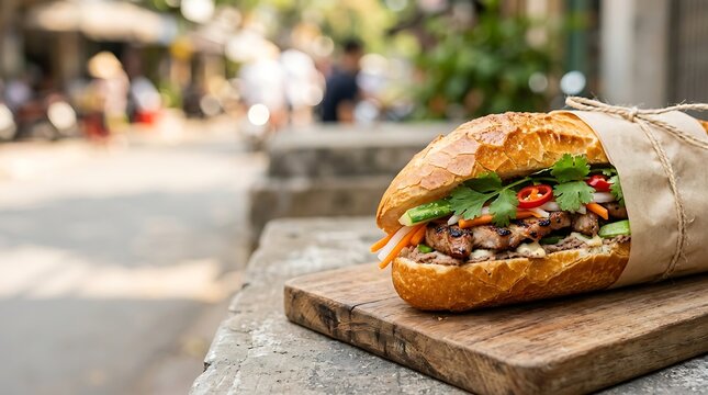 A delicious traditional Vietnamese banh mi sandwich served on a wooden board outdoors.