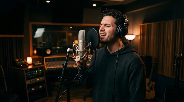 Male singer recording vocals in a professional music studio setting