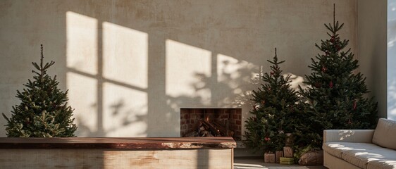 Naklejka premium Bare timber ledge in a cozy living room with decorated Christmas trees and a glowing fireplace, featuring a weathered texture and copy space for a retail banner mockup