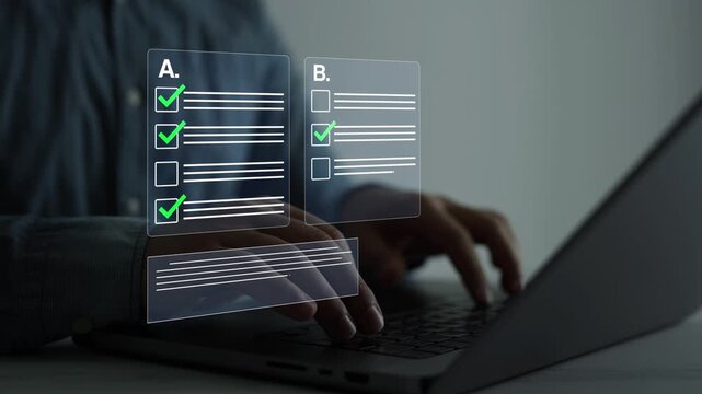 Futuristic online survey and exam interface with checkboxes, questionnaire forms and rating system. Concept of e-learning, assessment, feedback, research, quality control and data analysis.	
