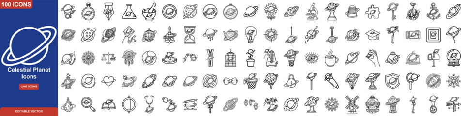 Planet and Cosmic Rings Line Icon Set. Containing Gas Giant, Orbital Paths, Scientific Laboratory, Nature Integration, and Celestial Daily Objects © Abdul Ghani