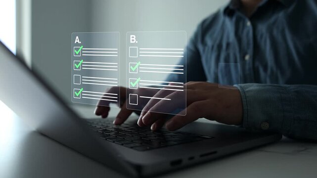 Futuristic online survey and exam interface with checkboxes, questionnaire forms and rating system. Concept of e-learning, assessment, feedback, research, quality control and data analysis.	
