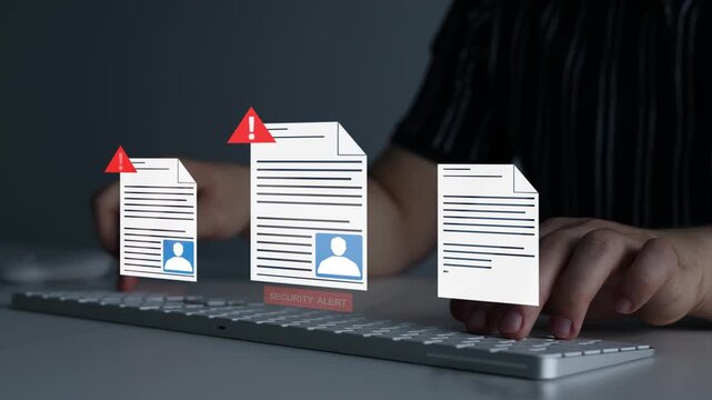 Personal data employee hacking concept with cybercriminal accessing confidential documents, digital files and sensitive information during online security breach and identity theft attack.	