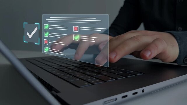 Online survey questionnaire with digital feedback form, customer evaluation and business assessment concept. Filling form, research analytics, technology interface and data review.	
