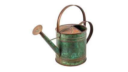 Vintage rusty green metal garden watering can isolated on a white background © Freya